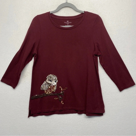 Talbots 3/4 Sleeve Blouse Owl Bird Sequin Embellished MP Red Maroon - Picture 1 of 7